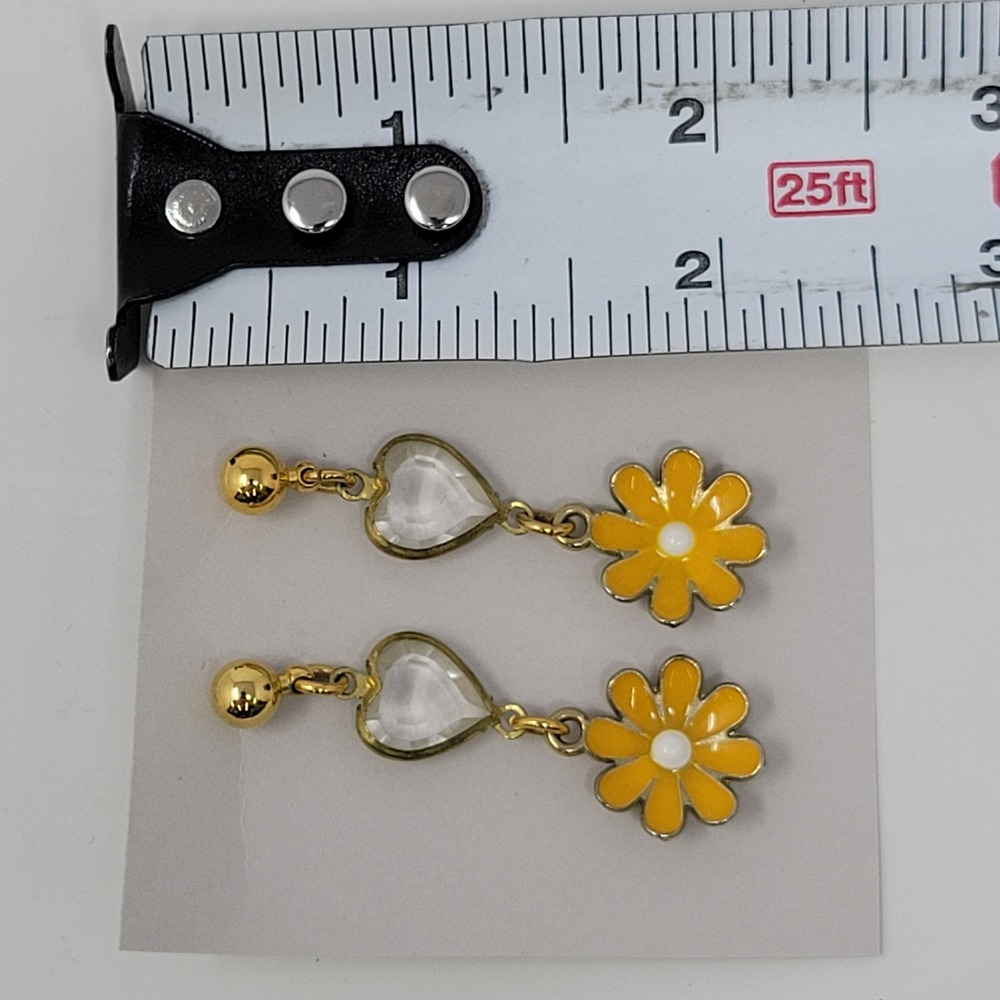 Yellow Enamel Daisy Heart Crystal Drop Earrings Gold Tone Post Dangle Floral - Picture 3 of 3